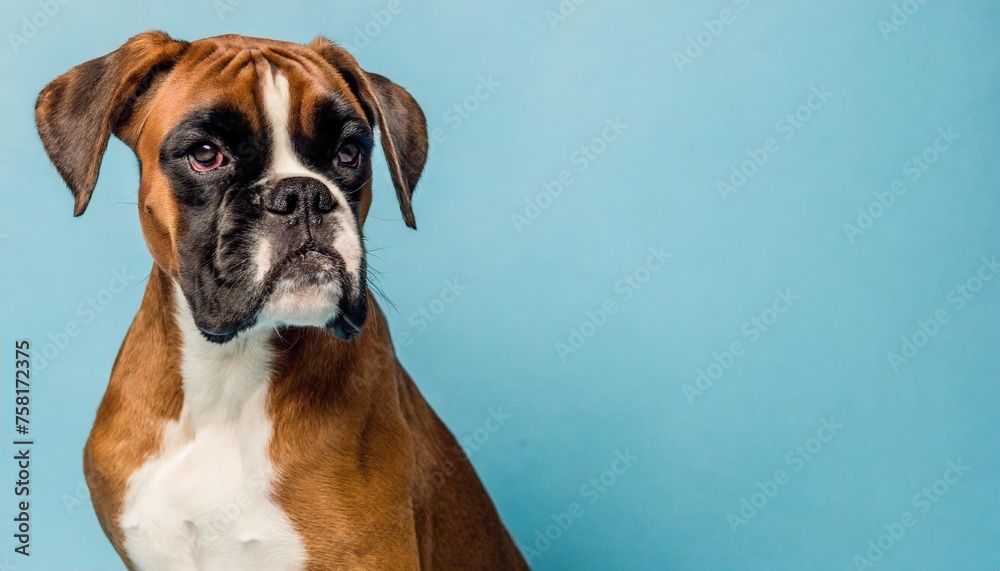 sitting boxer dog on light blue background with space for text