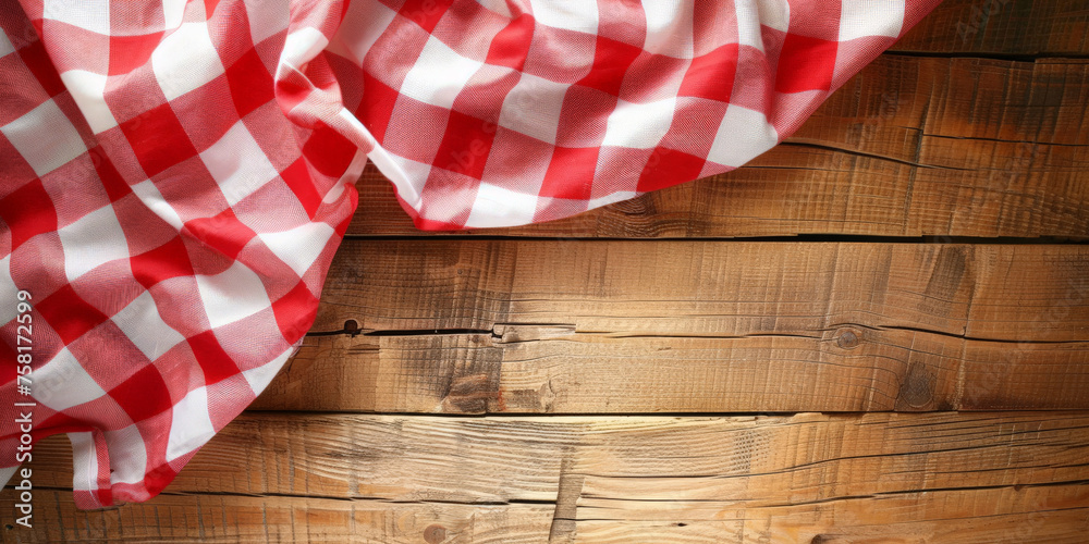 A red and white checkered tablecloth on a wooden background with copy space, banner A red and white checkered tablecloth on a wooden background with copy space, banner