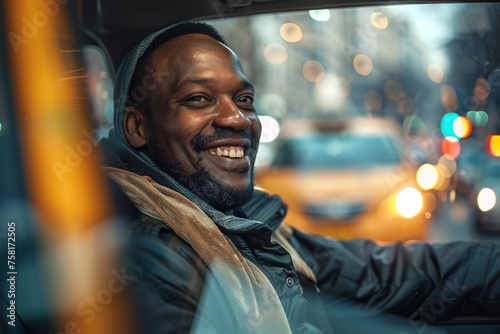 A delighted black man in the front seat of a cab grins broadly as he crosses town to catch a flight photo