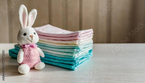 a toy bunny a stack of diapers and baby supplies on the background of a light children s room side view space for text