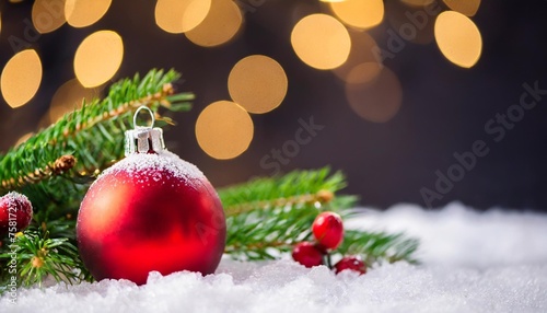 christmas decoration on snow and bokeh background with copy space