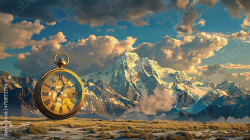 A giant clock in front of the mountains time is running out