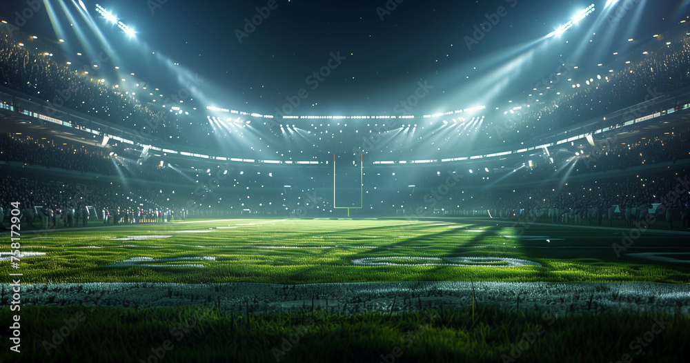 football stadium at night, illuminated by bright lights and spotlights