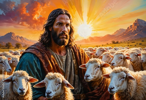 Jesus christ the shepherd and his sheep photo