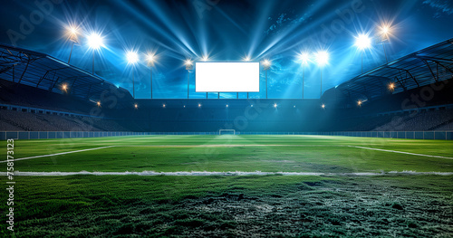 football stadium at night, illuminated by bright lights and spotlights