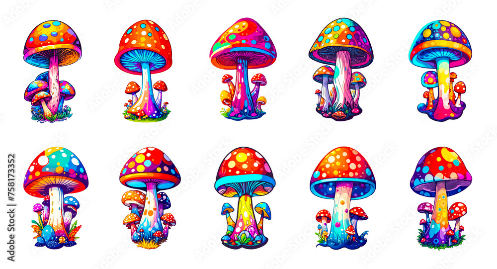 Set of different mushrooms. Neon groovy psychedelic poison mushrooms, toadstool and amanita. Cartoon trippy bright mushroom