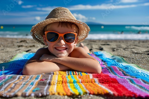 A cheerful boy with a beach hat and sunglasses, reclining on a colorful beach towel with a contented smile, the rhythmic sound of crashing waves lulling him into a state of blissful relaxation