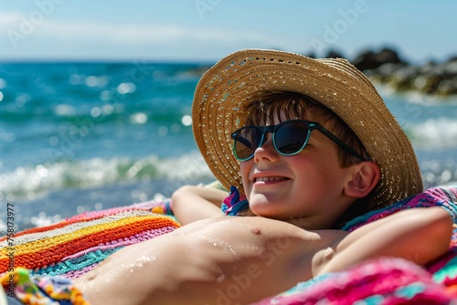 Cheerful boy with a beach hat and sunglasses, reclining on a colorful beach towel with a contented smile, the rhythmic sound of crashing waves lulling him into a state of blissful relaxation