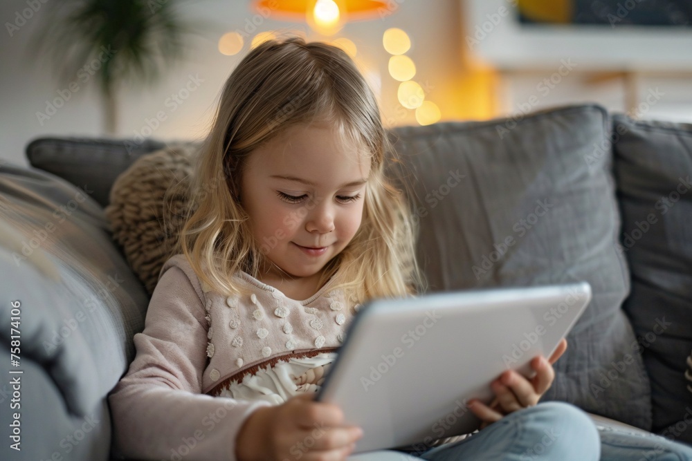 Blonde young girl looks at the tablet on the sofa in the living room Blonde young girl looks at the tablet on the sofa in the living room