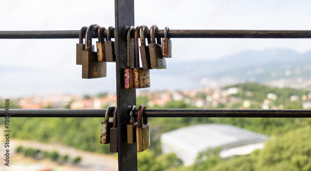 Locks from a viwepoint and beautiful panoramic views of the Adriatic Sea and the Istra peninsula from the small town of Kastav and Cres island, Kvarner Bay, Primorje -Gorski Kotar, Croatia Locks from a viwepoint and beautiful panoramic views of the Adriatic Sea and the Istra peninsula from the small town of Kastav and Cres island, Kvarner Bay, Primorje -Gorski Kotar, Croatia