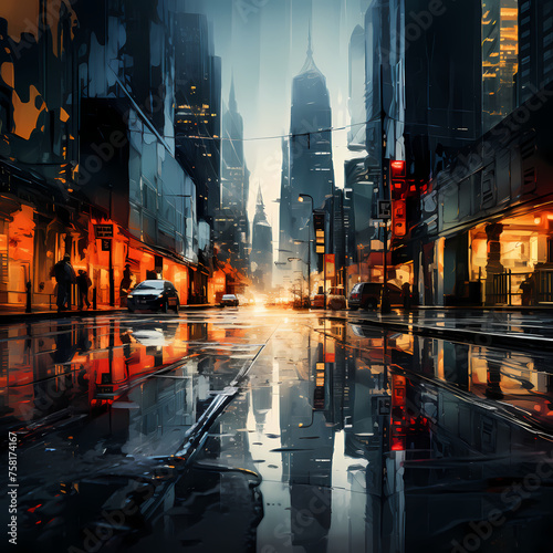 A reflection of a cityscape in a rain-soaked streets