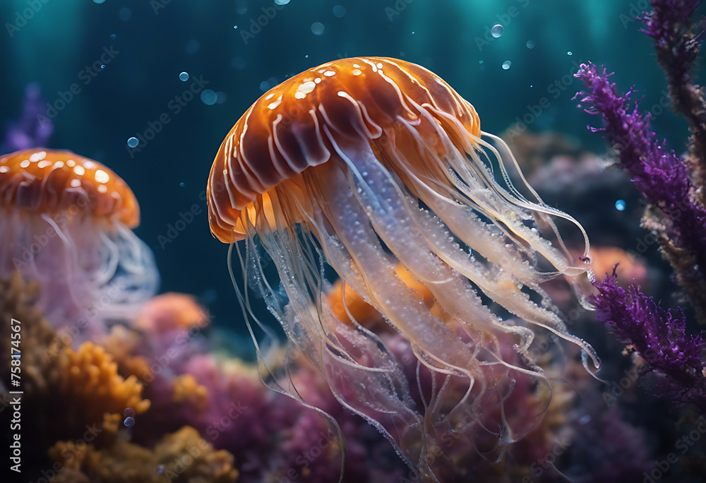 Luminous Jellyfish Glide Through the Abyss of the Deep Blue Ocean ...