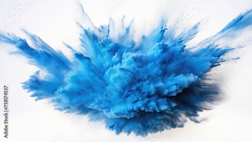 Blue powder exploding  Abstract dust explosion on a white background