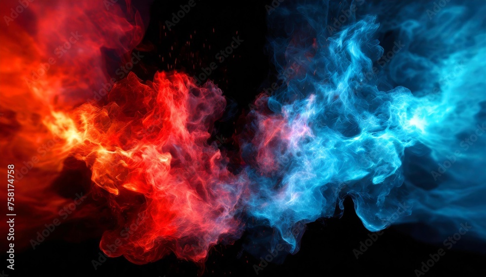 abstract nebula smoke fire in red and blue light isolated on black background in concept of versus competition fight - obrazy, fototapety, plakaty 