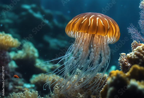 Luminous Jellyfish Glide Through the Abyss of the Deep Blue Ocean. Ethereal Jellyfish Dance in the Abyss of Ocean Blue backgroun.