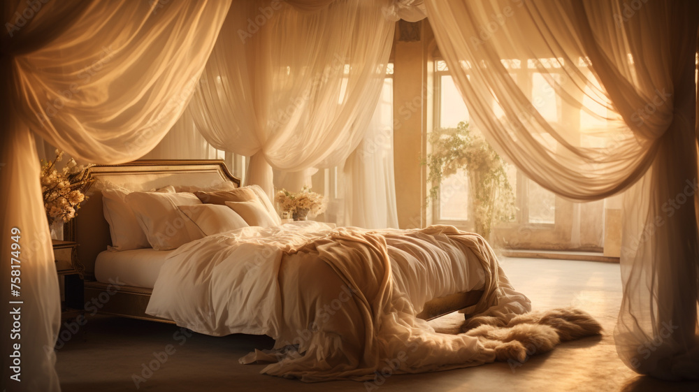  A sumptuous sanctuary bathed in soft hues of ivory and champagne, featuring a decadent canopy bed surrounded by lavish furnishings and sparkling crystal accents, embodying understated luxury. - obrazy, fototapety, plakaty 
