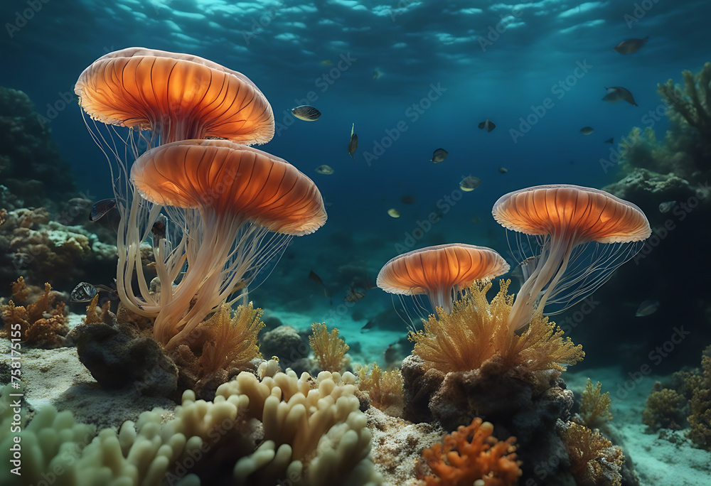 Luminous Jellyfish Glide Through the Abyss of the Deep Blue Ocean ...