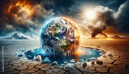 Dramatic climate change concept with melting Earth sphere.