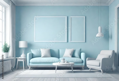 Interior of the room in plain monochrome pastel blue color with furnitures and room accessories. Light background with copy space. 3D rendering for web page, presentation or picture frame backgrounds photo