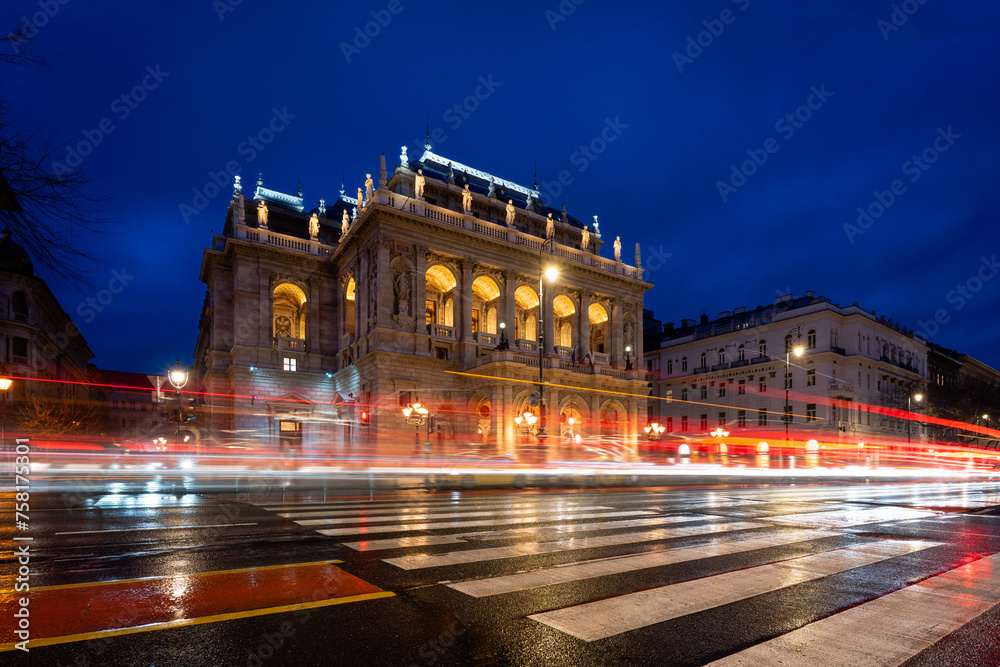 Hungarian National Opera House at Night with Traffic Light Trails