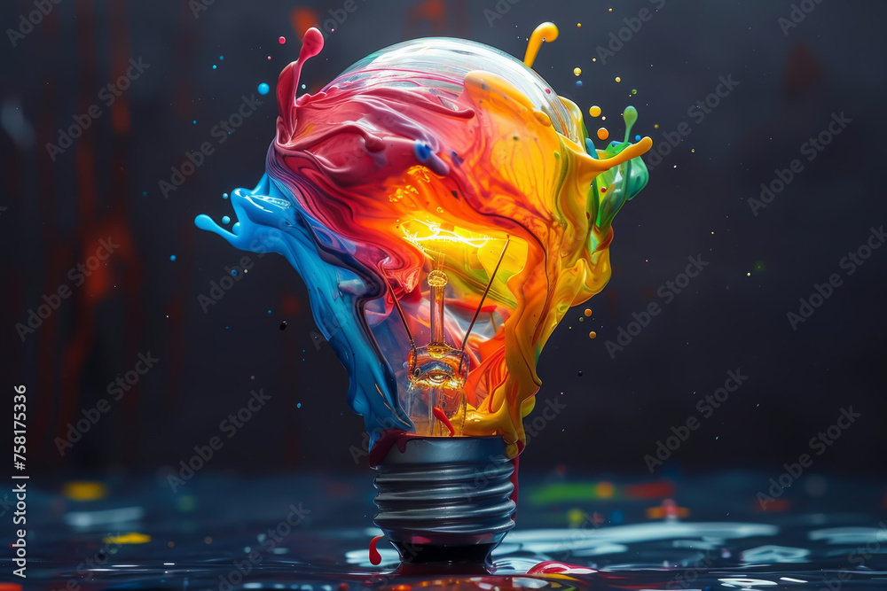 Exploding lightbulb with vibrant paint splatters representing a burst of creativity and inspiration - obrazy, fototapety, plakaty 
