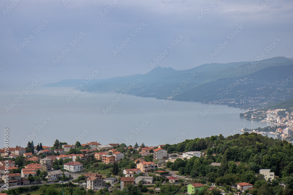 Beautiful panoramic views of the Adriatic Sea and the Istra peninsula from the small town of Kastav and Cres island, Kvarner Bay, Primorje -Gorski Kotar, Croatia