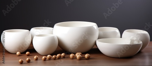 Set of white decorative bowls with ceramic spheres. Kitchen items. Home embellishments and accessories. Isolated decor element.