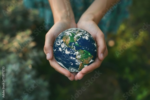 Woman's hands holding planet earth globe. Environmental ecology issues, save the world concept. AI Generated 
