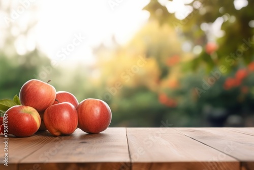 empty wooden table on a blurred garden with apples. summer display your product outdoors. mockup