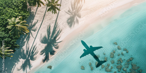 An aerial view  shadow airplane flying over the beach, traveling  summer vacation,banner photo
