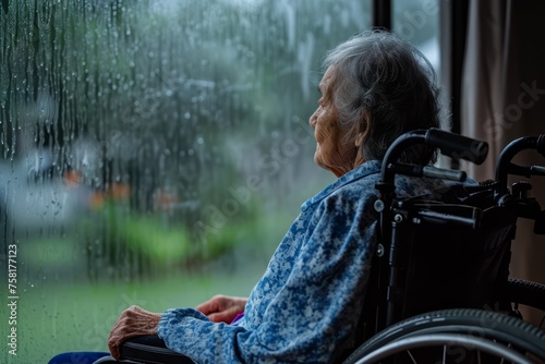 Elderly woman alone, in wheelchair, looks out the window on a rainy day. Concept of old age and loneliness