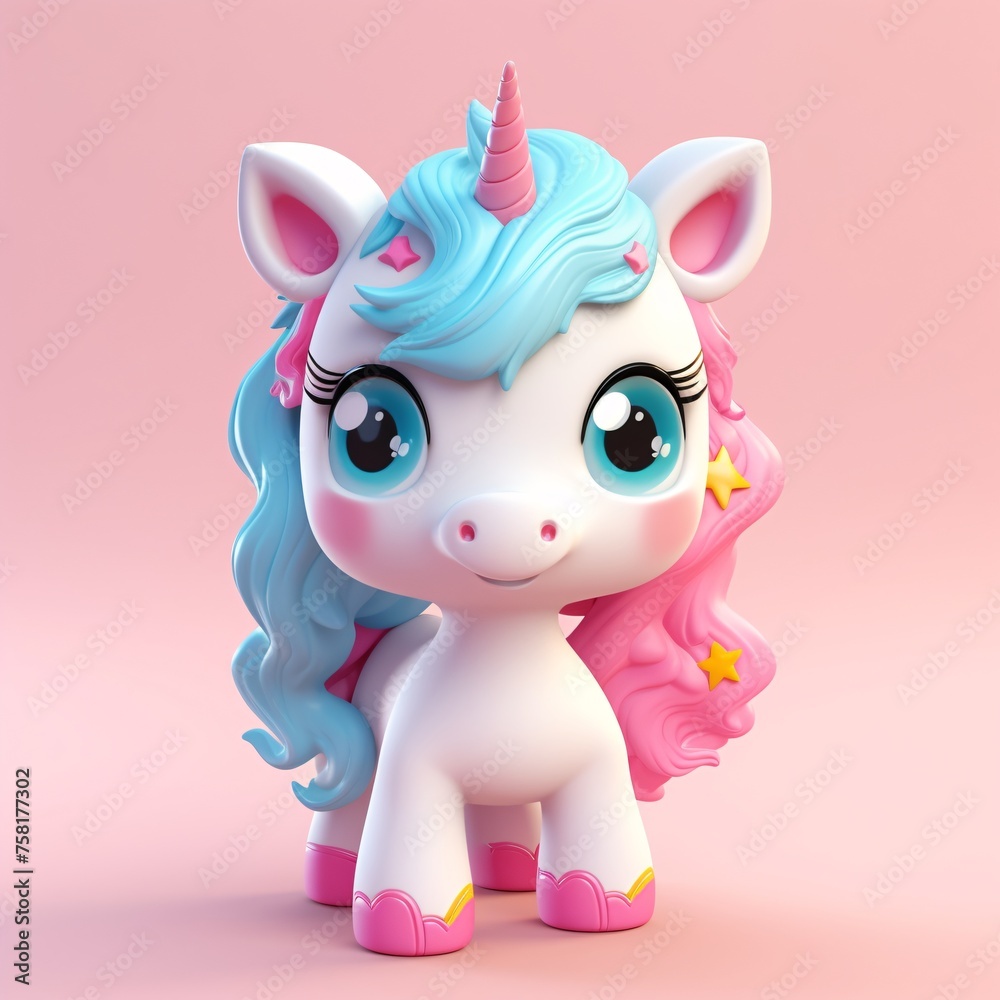 3D rendering of a cute unicorn toy on a pink background a cartoon. Colorful animated stills in the plasticine style with white and blue pastel colors. 3D rendering of a cute unicorn toy on a pink background a cartoon. Colorful animated stills in the plasticine style with white and blue pastel colors.