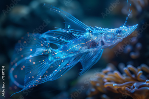 Fantasy Illustration of a Bioluminescent Fish Swimming in Deep Sea