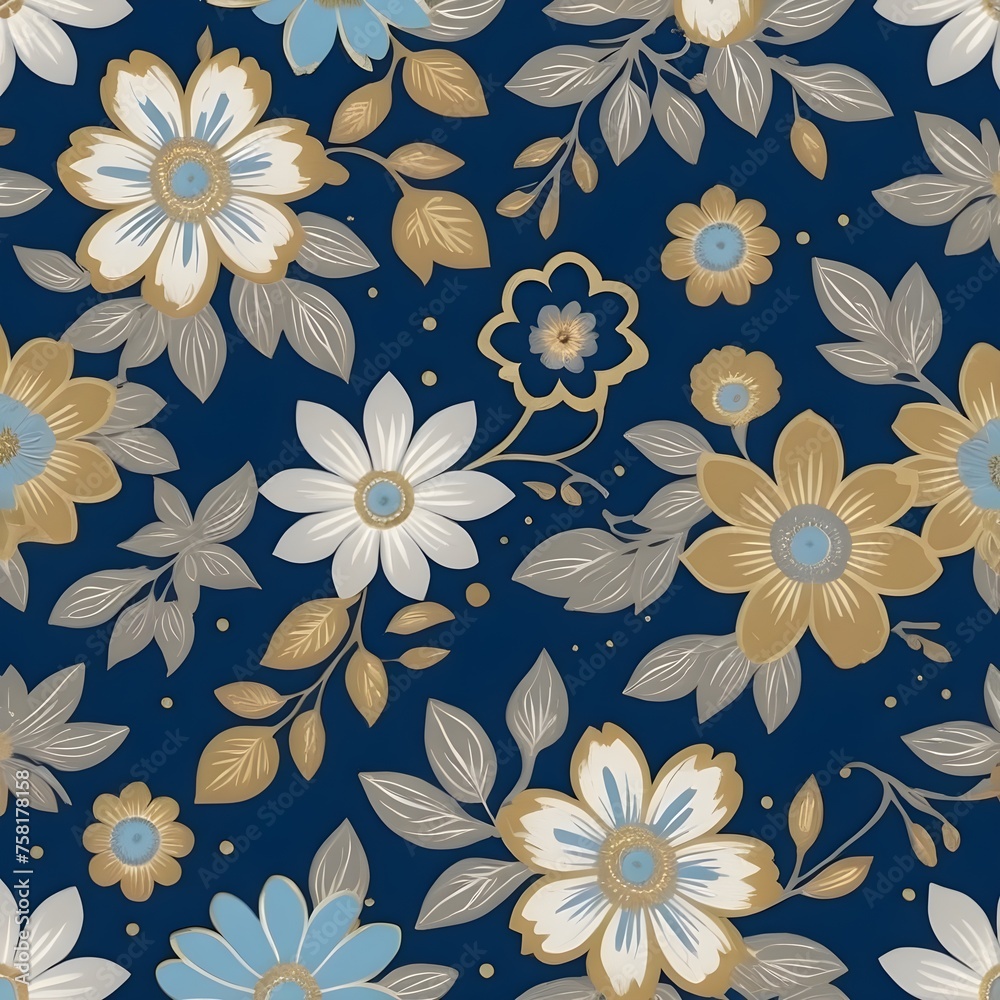 Golden leaves and white flowers on blue background