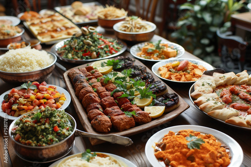 Arabic Cuisine: traditional lunch Ramadan "Iftar" . The meal eaten by Muslims after sunset during Ramadan. Assorted of Arabic oriental dishes.