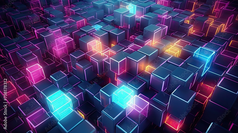Geometric backgrounds with neon cubes and curved lines Geometric backgrounds with neon cubes and curved lines