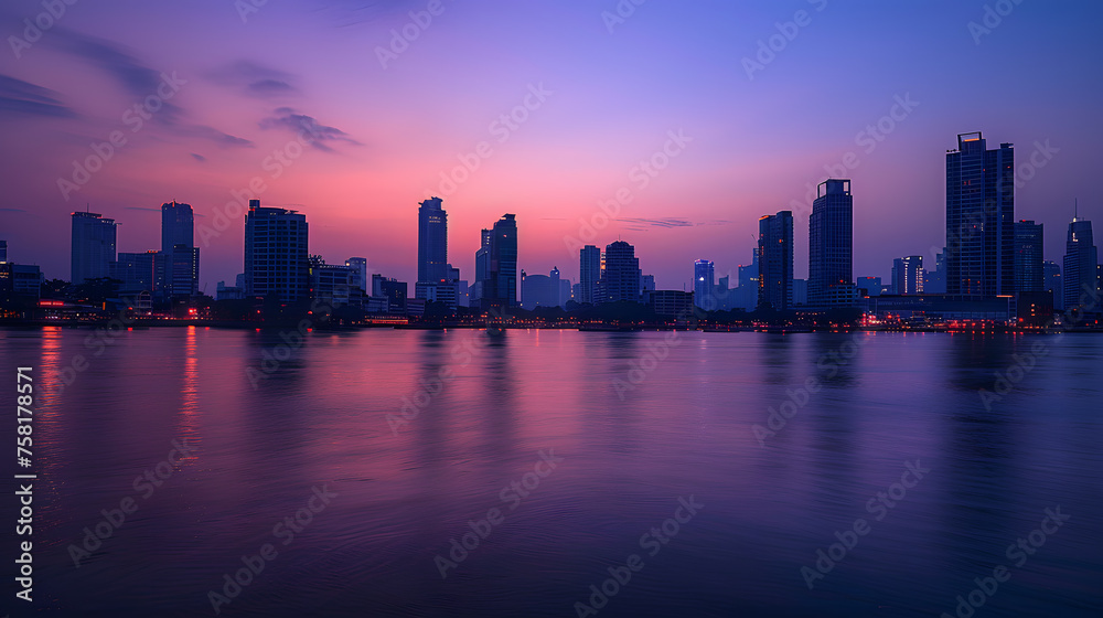 A photo of the Bangkok skyline, with the Chao Phraya River in the foreground, during twilight