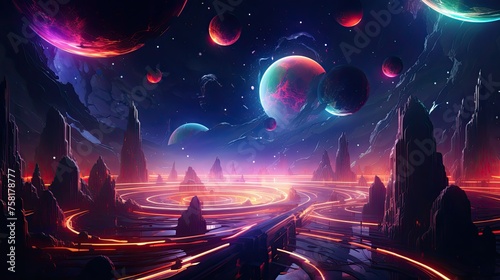 Neon circles and lines in a fantasy universe style