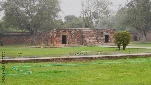 Pigeons Sitting in the Garden of Bu Halima Tomb in Delhi, India photo