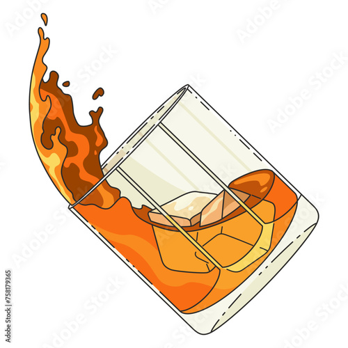 Glass of whiskey smokey scotch with ice and pouring drink. Vector alcohol product advertising vintage design isolated on white background