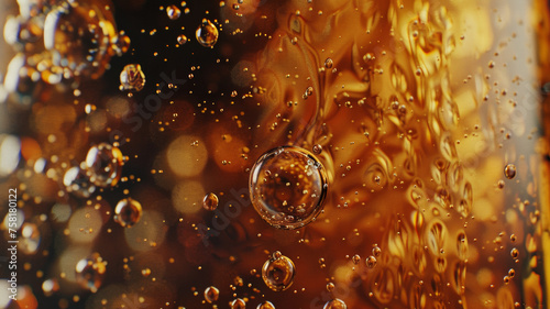Engrossing amber beer bubbles close-up, an artistic take on the beauty of fermentation.