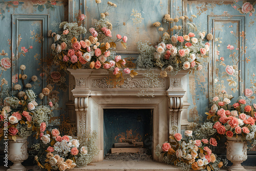 Floral Digital Backdrops, fireplace maternity backdrops digital, studio backdrop overlay, floral background overlay