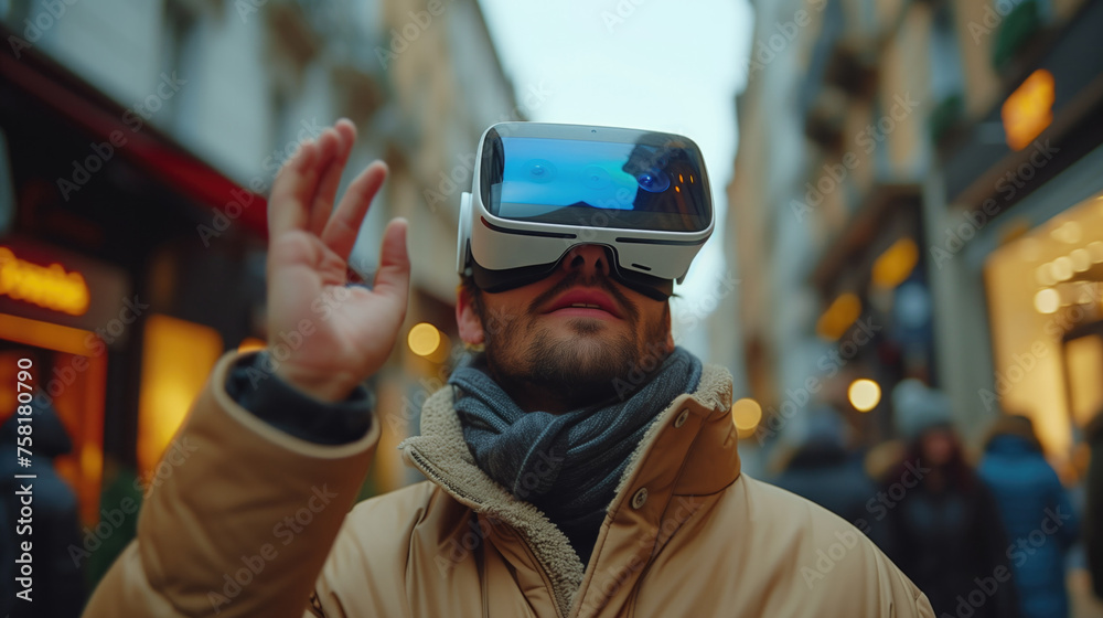 Young man wearing vr glasses enjoys his trip in an adventurous world in a city center. Concept of connection technology with nature,science, augmented future, generative ai