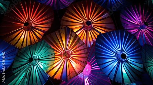 Geometric patterns with neon pentagons and fans of light
