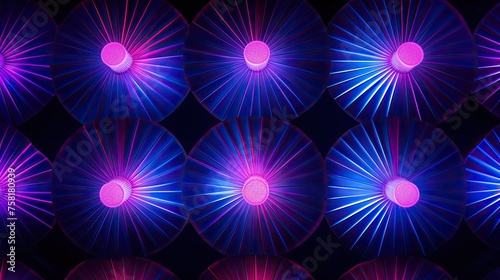 Geometric patterns with neon pentagons and fans of light