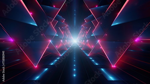 Geometric patterns with neon pyramids and rays of light