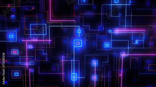Neon patterns in the form of squares and lines in a high tech style