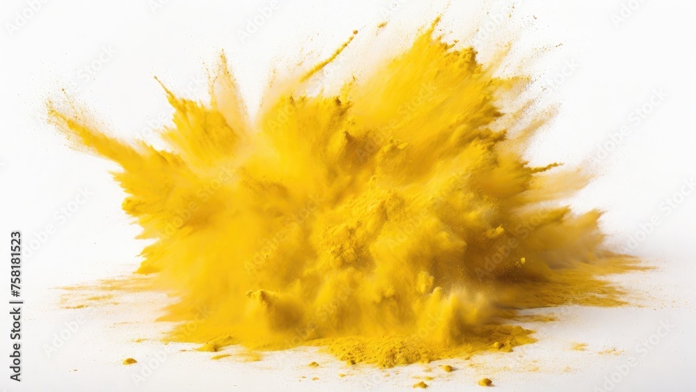 Yellow powder exploding, Abstract dust explosion on a white background Yellow powder exploding, Abstract dust explosion on a white background