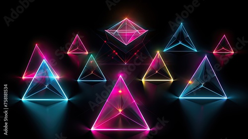 Neon tetrahedrons on black background photo