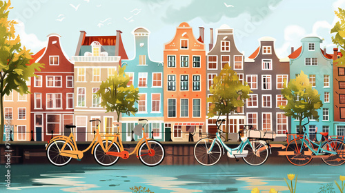 Illustration of Amsterdam canals with bicycles and colorful houses